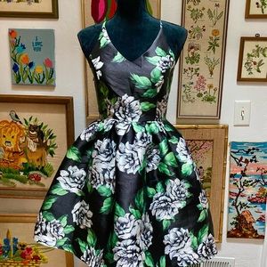 NWT Black Floral Rose Garden Party Formal Taffeta Mini Full Dress